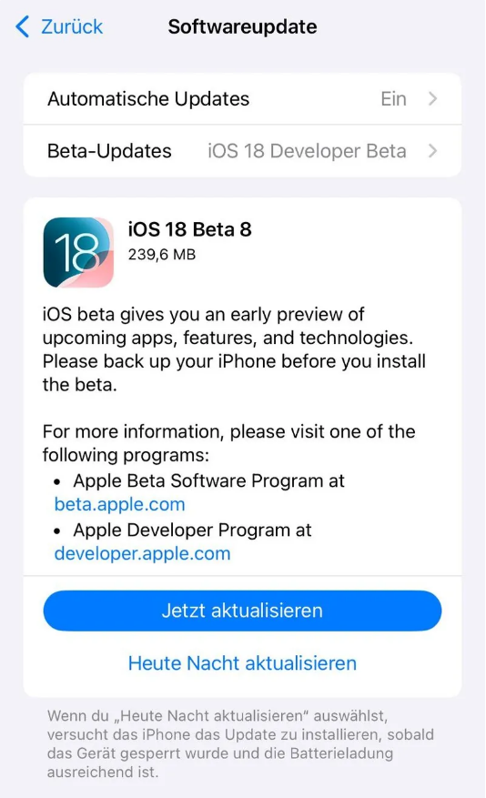 殷都苹果手机维修分享苹果 iOS / iPadOS 18 开发者预览版 Beta 8 发布 